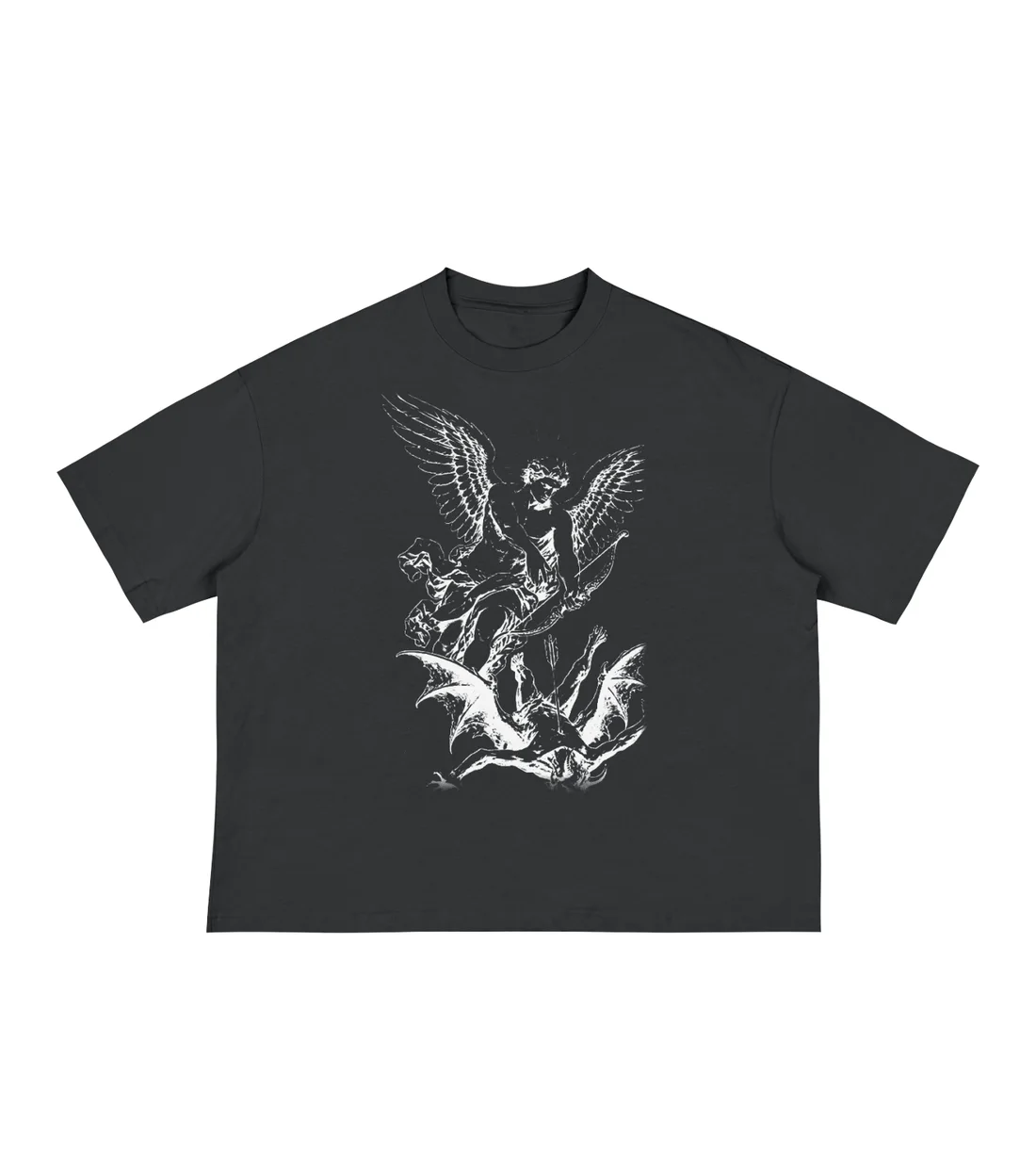 Archangel Boxy Tee: Archangel on the chest, open wings on the back. Bone ink on black.