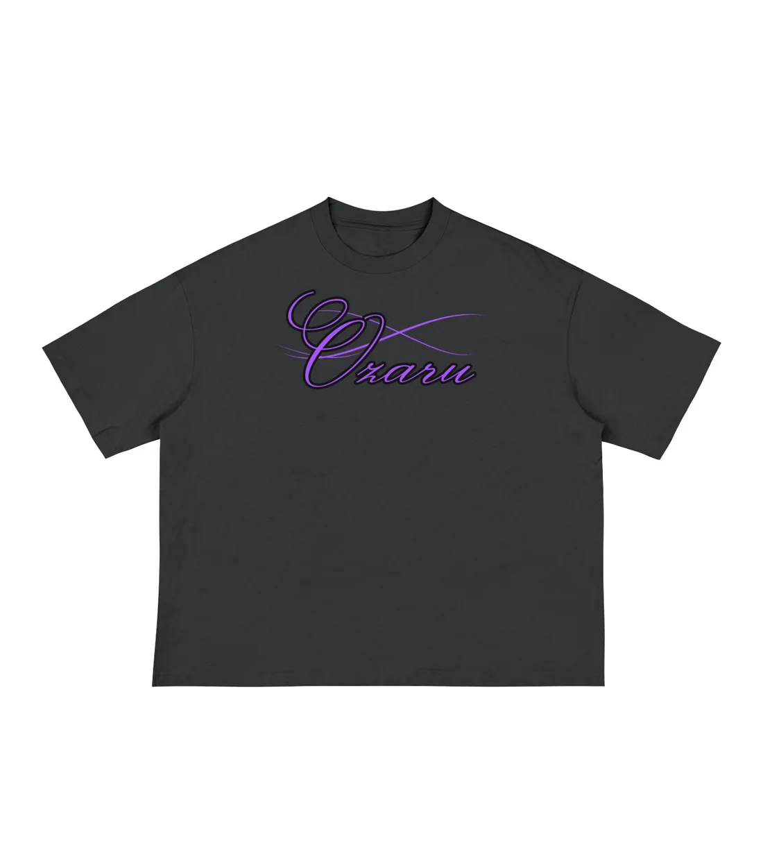 Beyond Limits Boxy Tee: Big serif type, violet script signature.