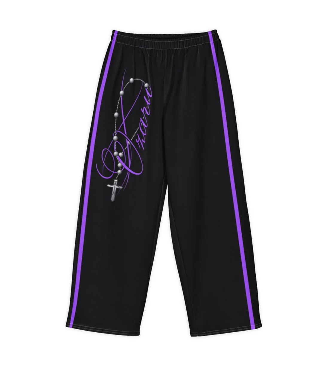 Beyond Limits Rosary Baggy Pants: A rosary wrapped around the OZARU signature. Side stripes, wide legs.