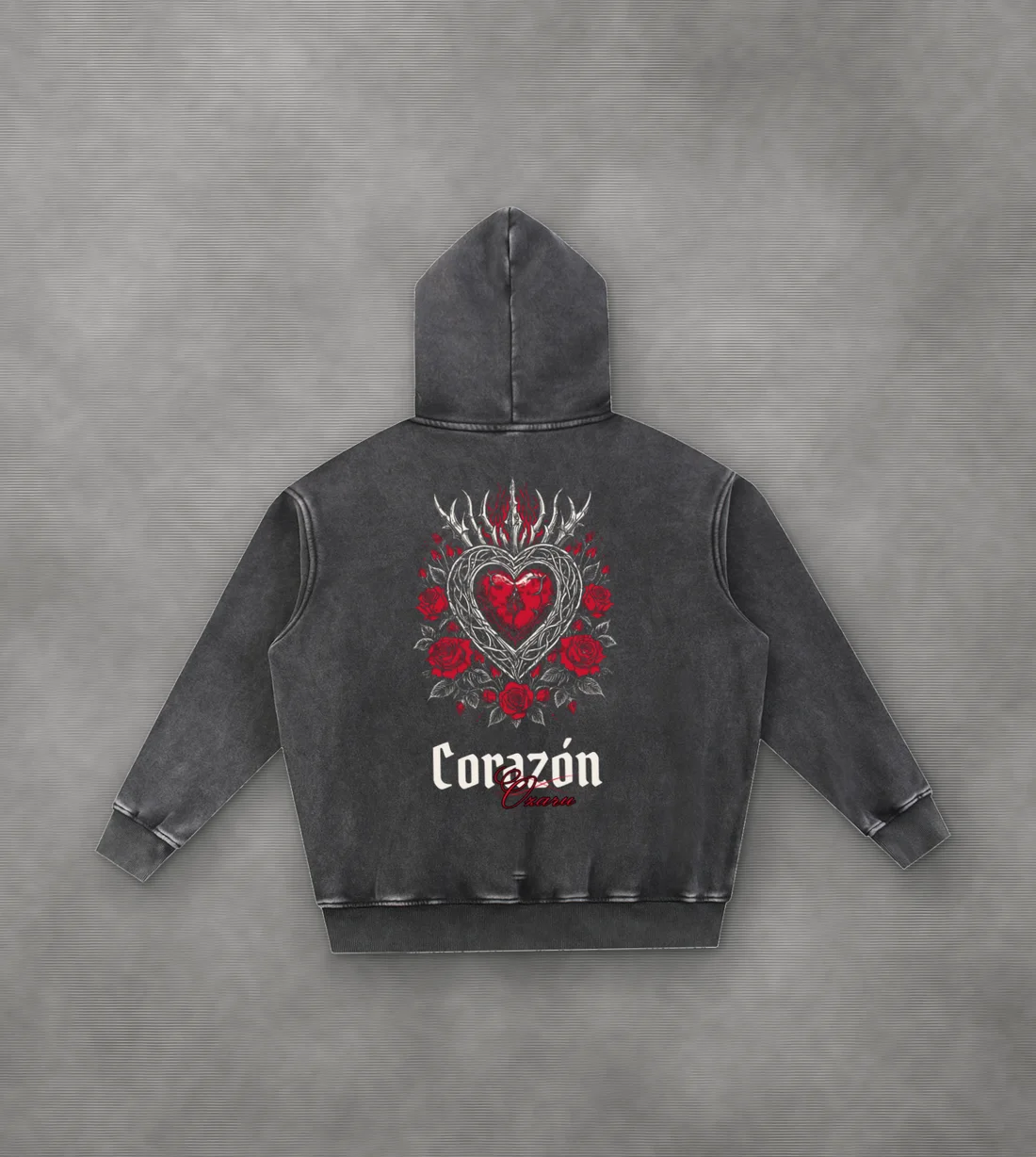 Corazón Snow-Wash Hoodie: A sacred heart in thorns and roses.