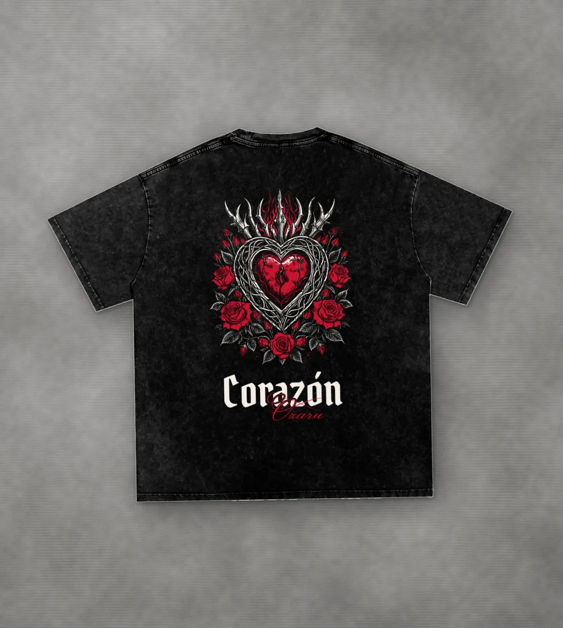 Corazón Vintage-Wash Oversized Tee: A sacred heart in thorns and roses.