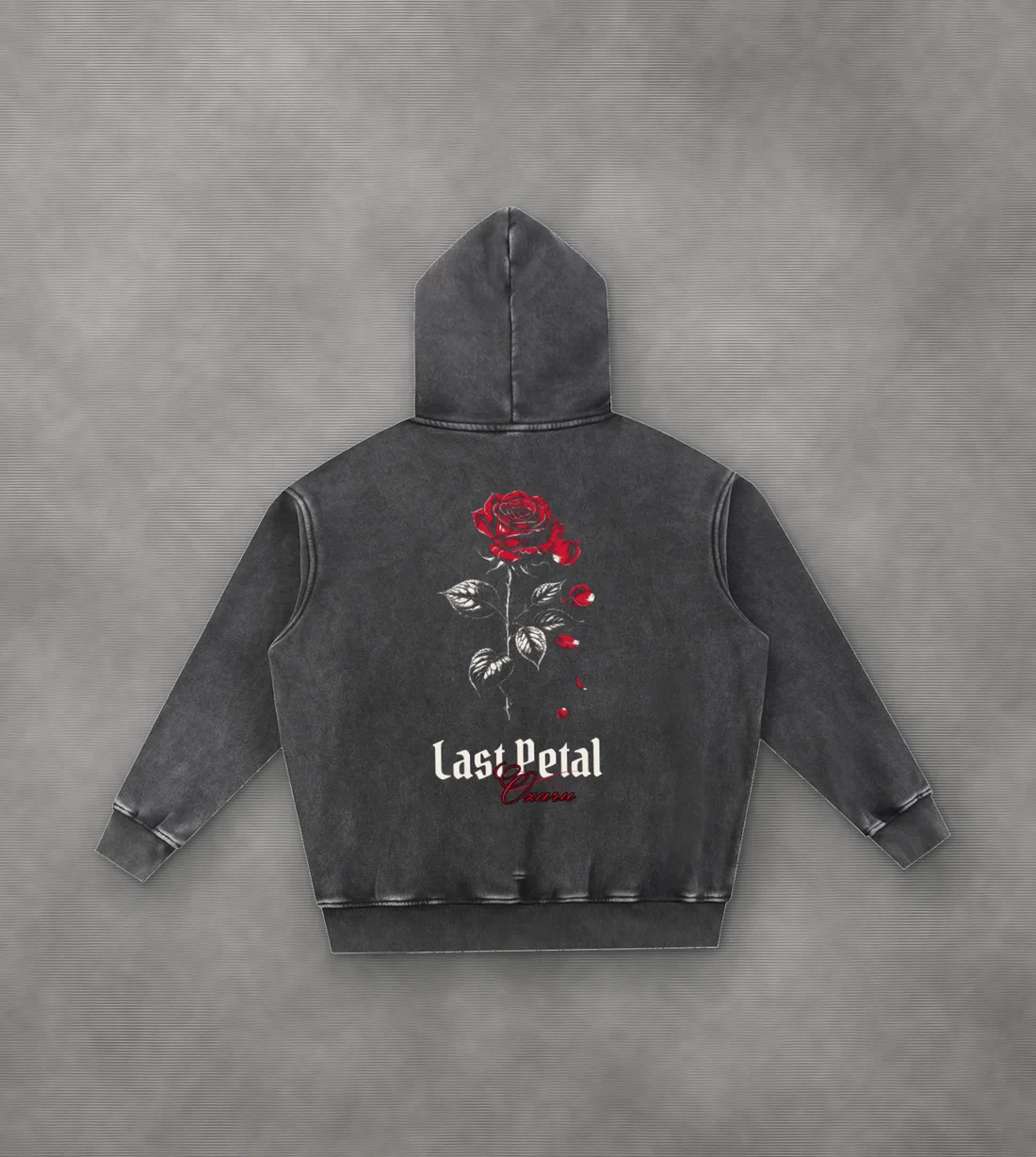 Last Petal Snow-Wash Hoodie: One red rose, losing its last petals.