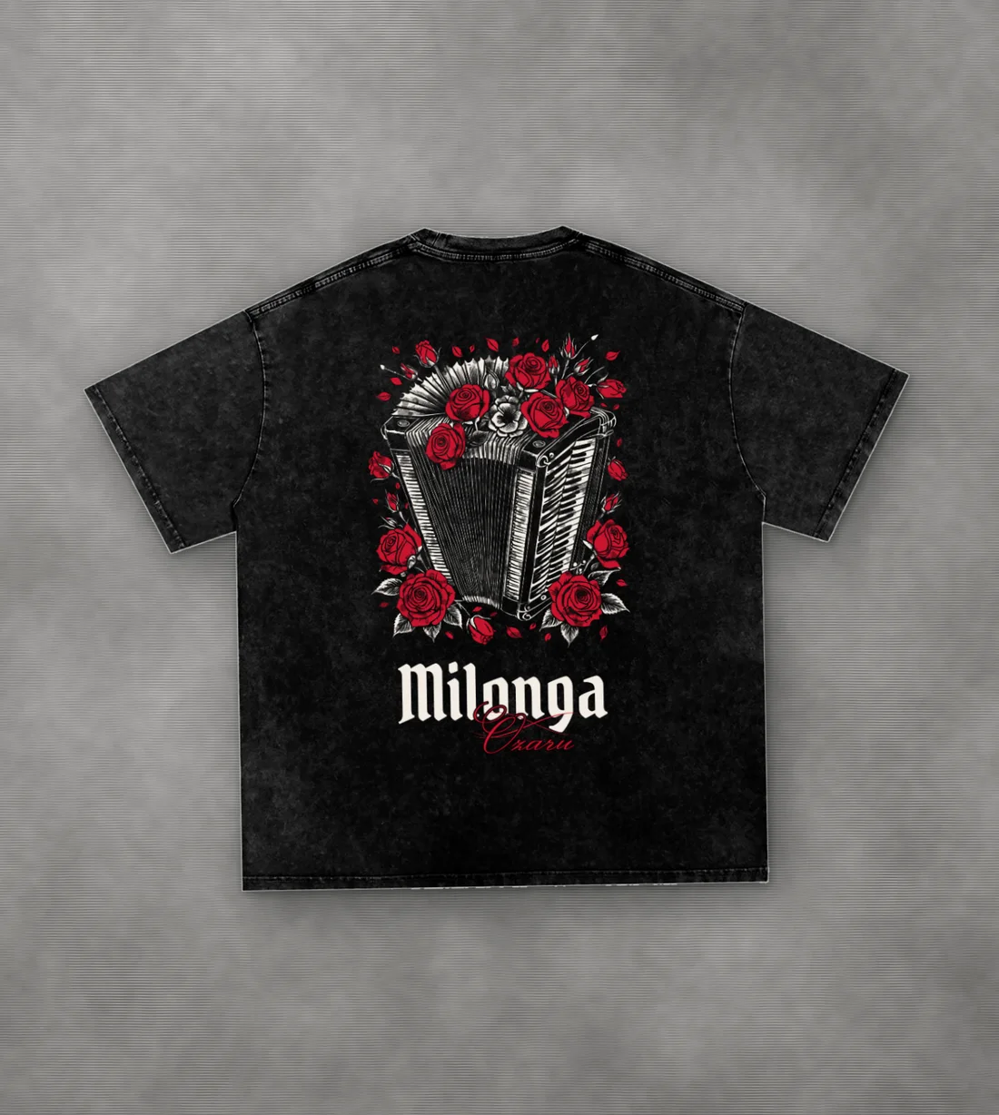 Milonga Vintage-Wash Oversized Tee: A bandoneon wrapped in red roses.