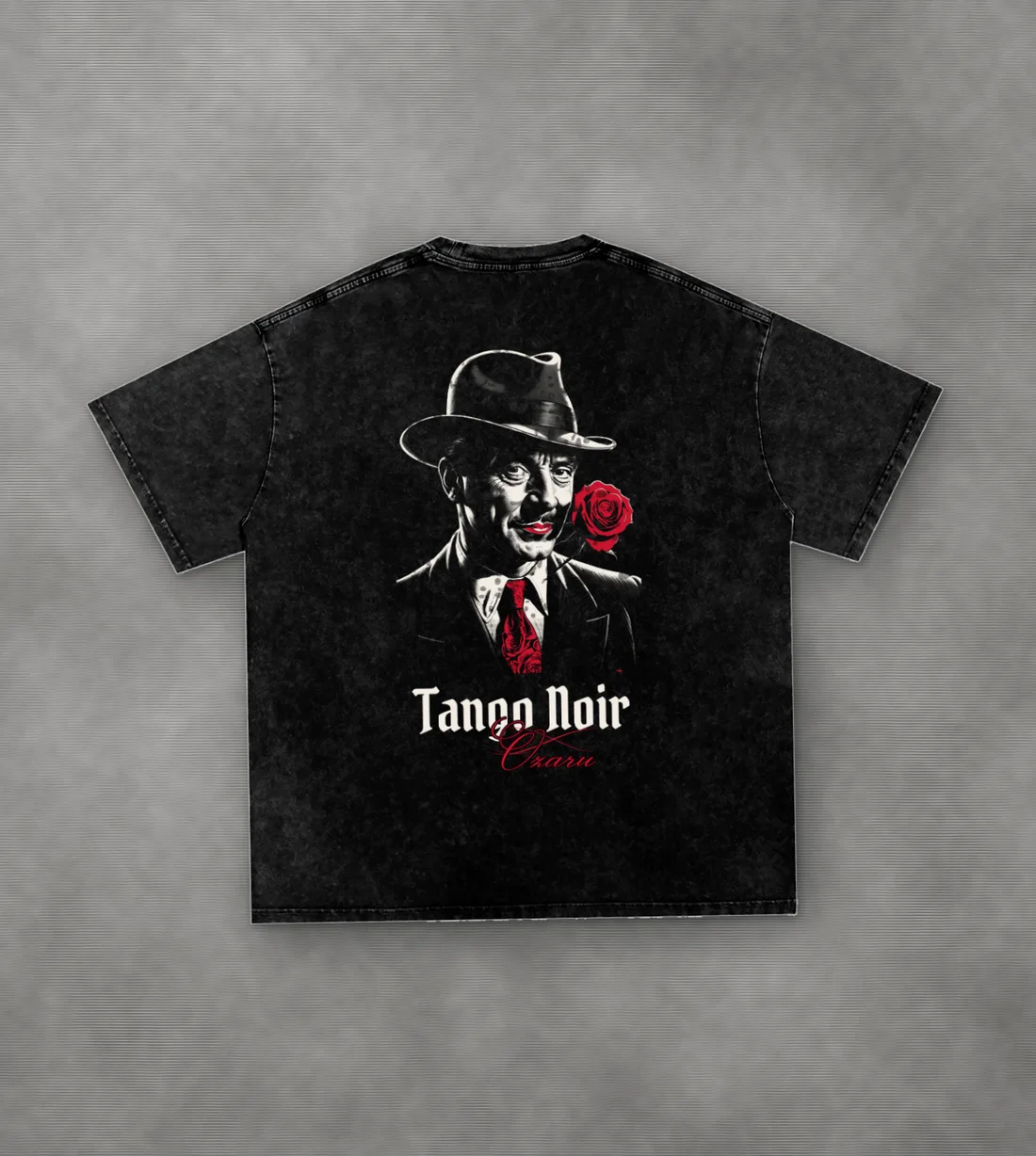 Tango Noir Vintage-Wash Oversized Tee: The milonga man: fedora, rose, red tie.