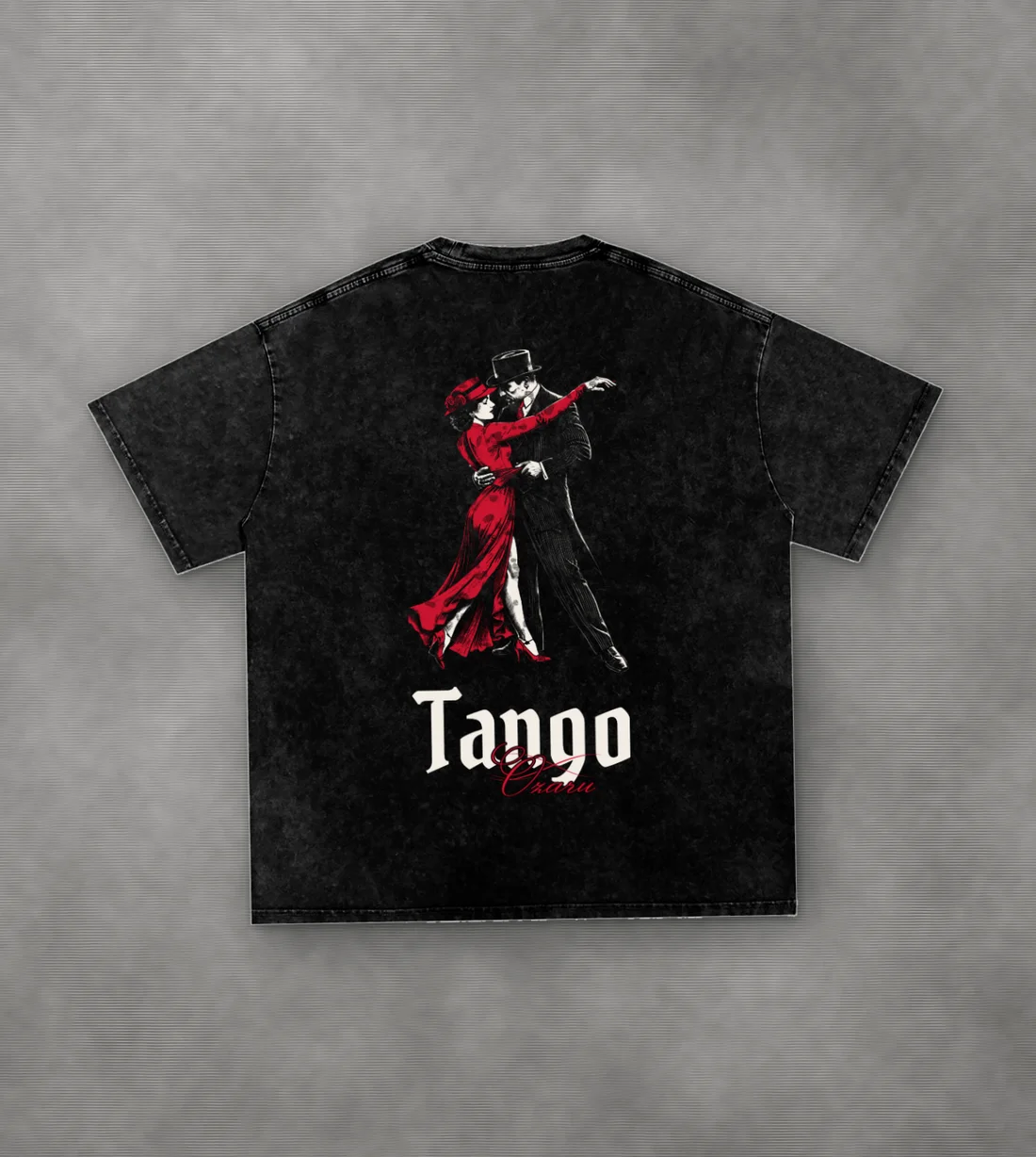 Tango Vintage-Wash Oversized Tee: Two dancers mid-turn, red dress on black.