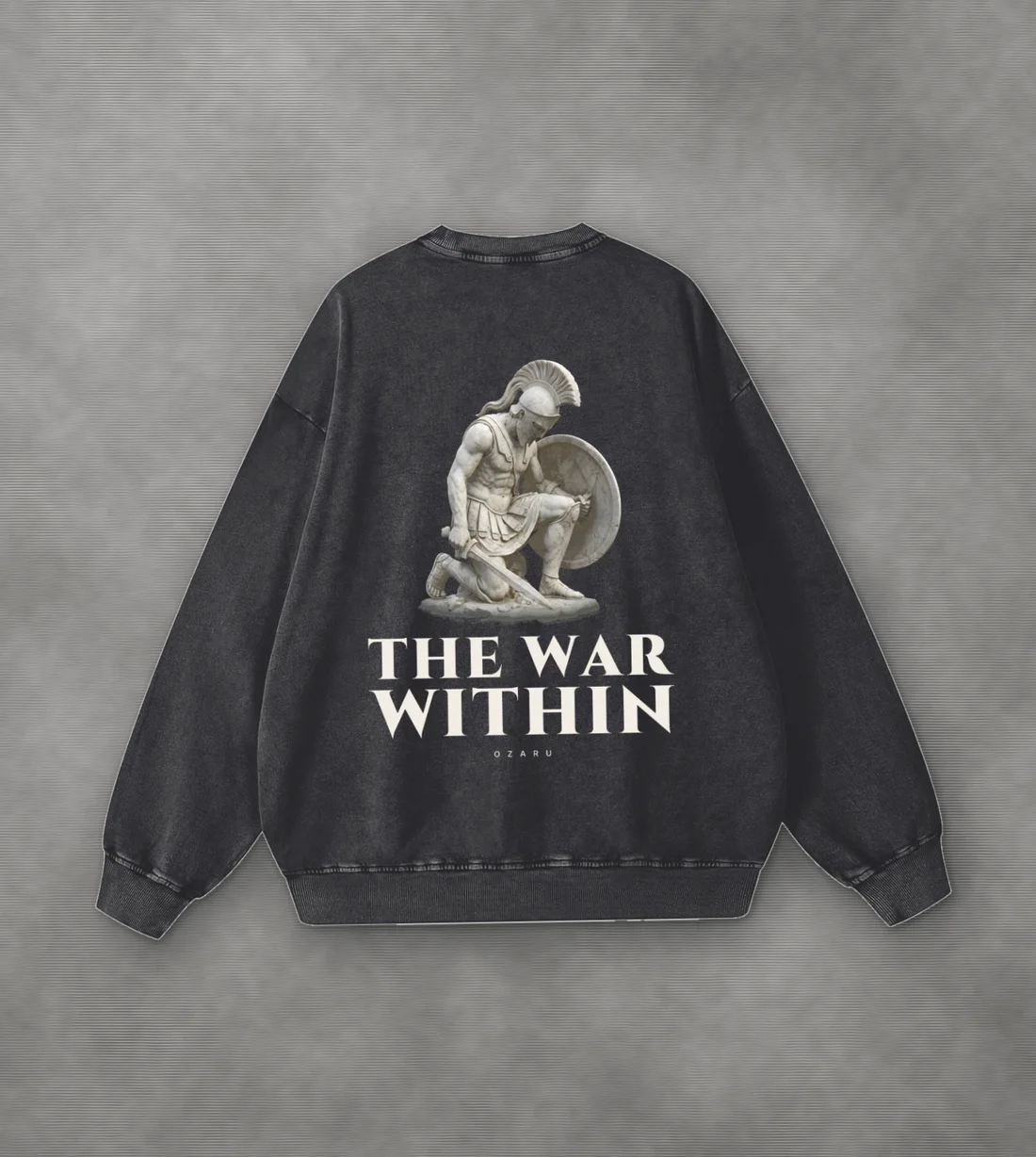 The War Within Washed Crewneck: A kneeling warrior with a shield, carved in marble.