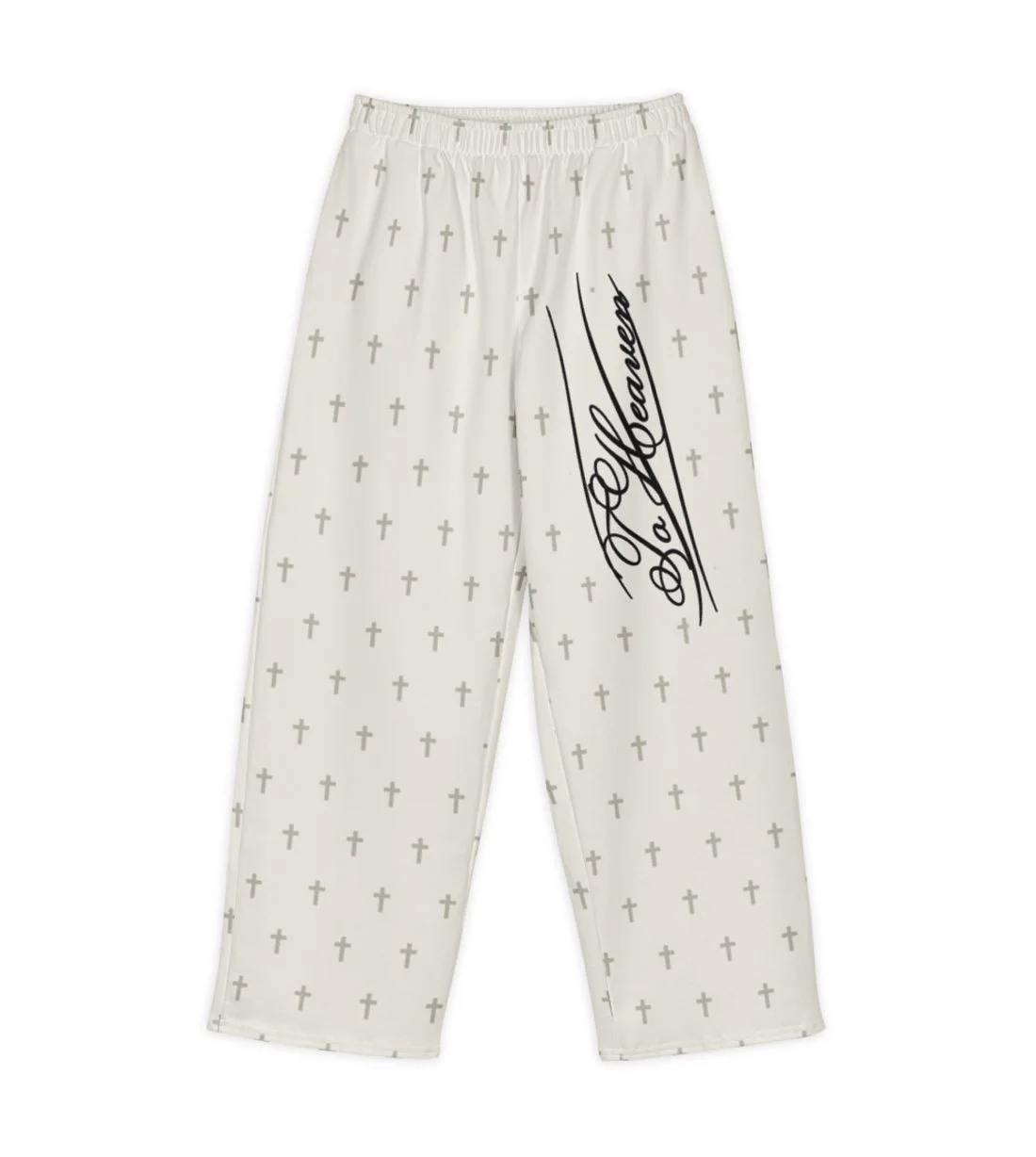 To Heaven Cross Baggy Pants: Small upright crosses, all over. Bone white, wide legs.