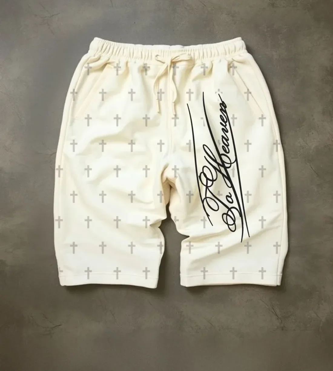 To Heaven Cross Shorts: Small upright crosses, all over. Bone white.