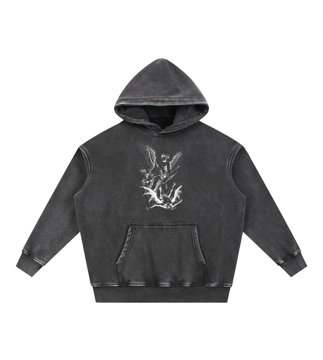 To Heaven Snow-Wash Hoodie: Archangel on the chest, open wings on the back. Bone ink on black.