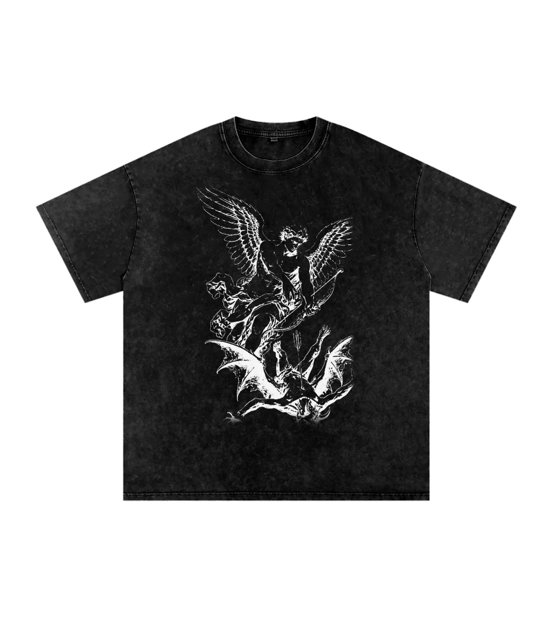 To Heaven Vintage-Wash Oversized Tee: Archangel on the chest, open wings on the back. Bone ink on black.