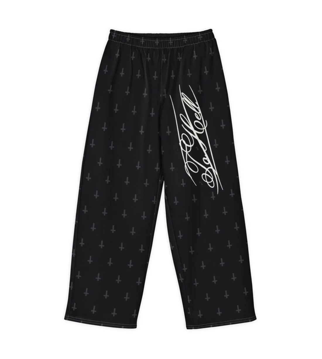 To Hell Cross Baggy Pants: Small inverted crosses, all over. Jet black, wide legs.