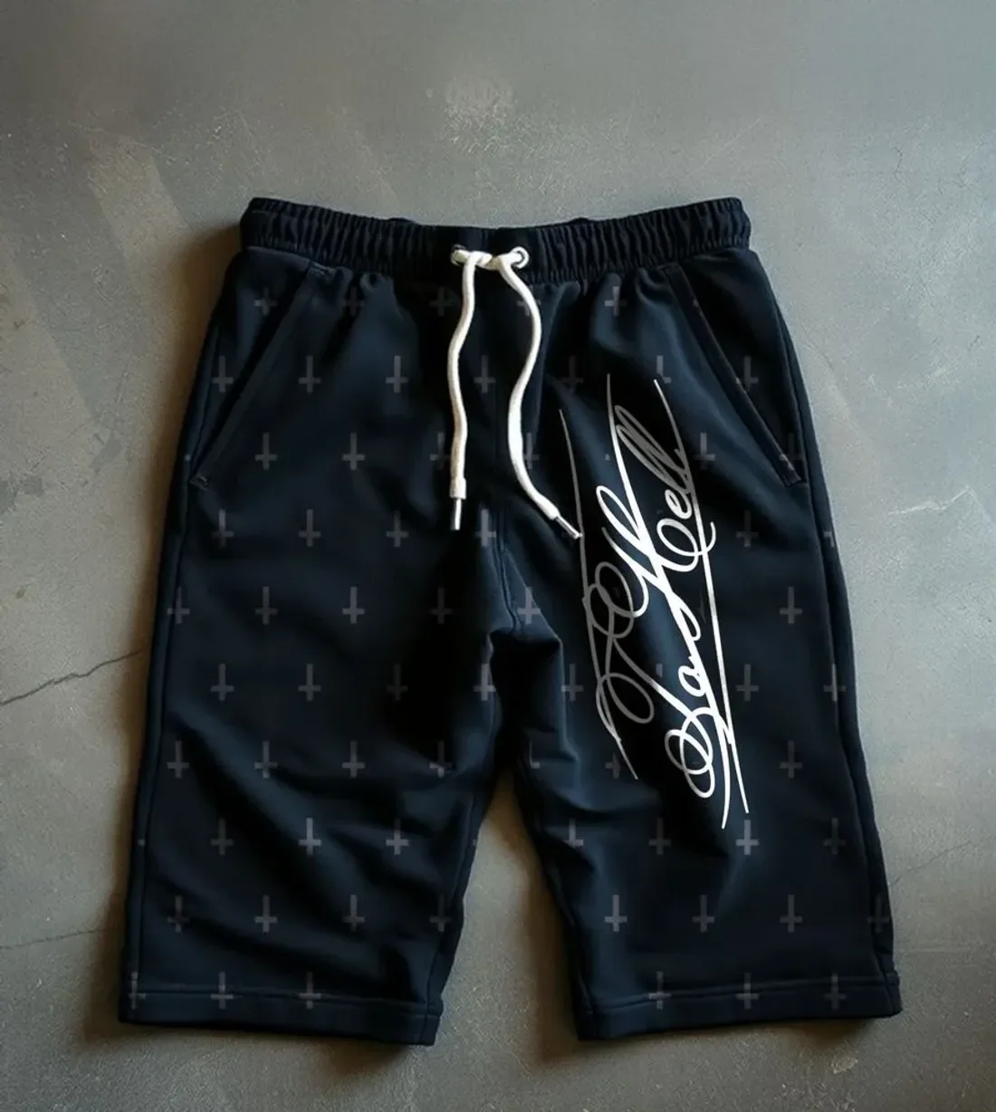 To Hell Cross Shorts: Small inverted crosses, all over. Jet black.
