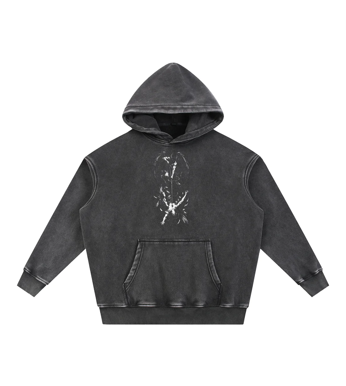To Hell Snow-Wash Hoodie: The fallen angel on the chest, demon wings on the back.