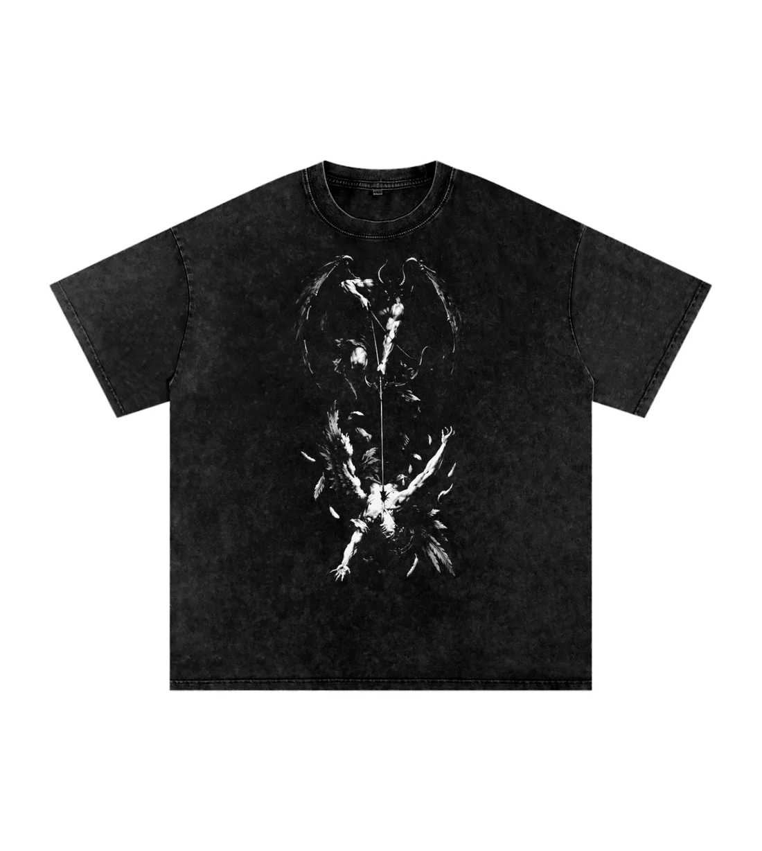 To Hell Vintage-Wash Oversized Tee: The fallen angel on the chest, demon wings on the back.
