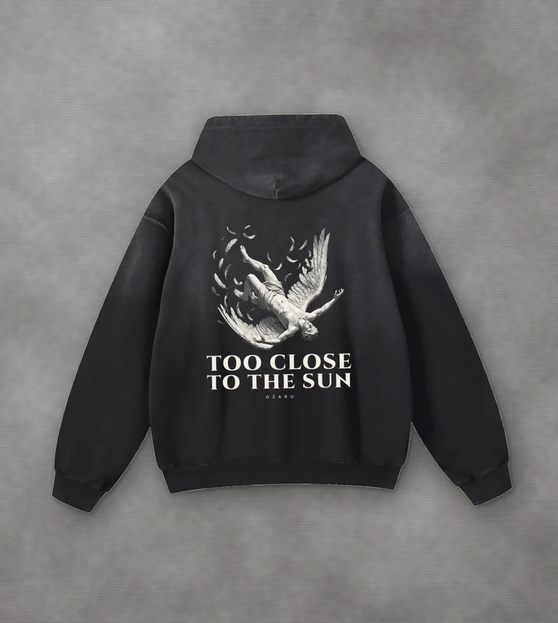 Too Close To The Sun Washed Hoodie: Icarus falling, wings coming apart.